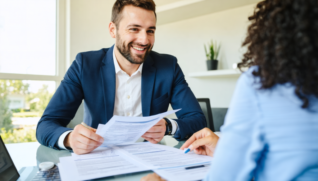 Real Estate Agent helping a first time home buyer with paperwork